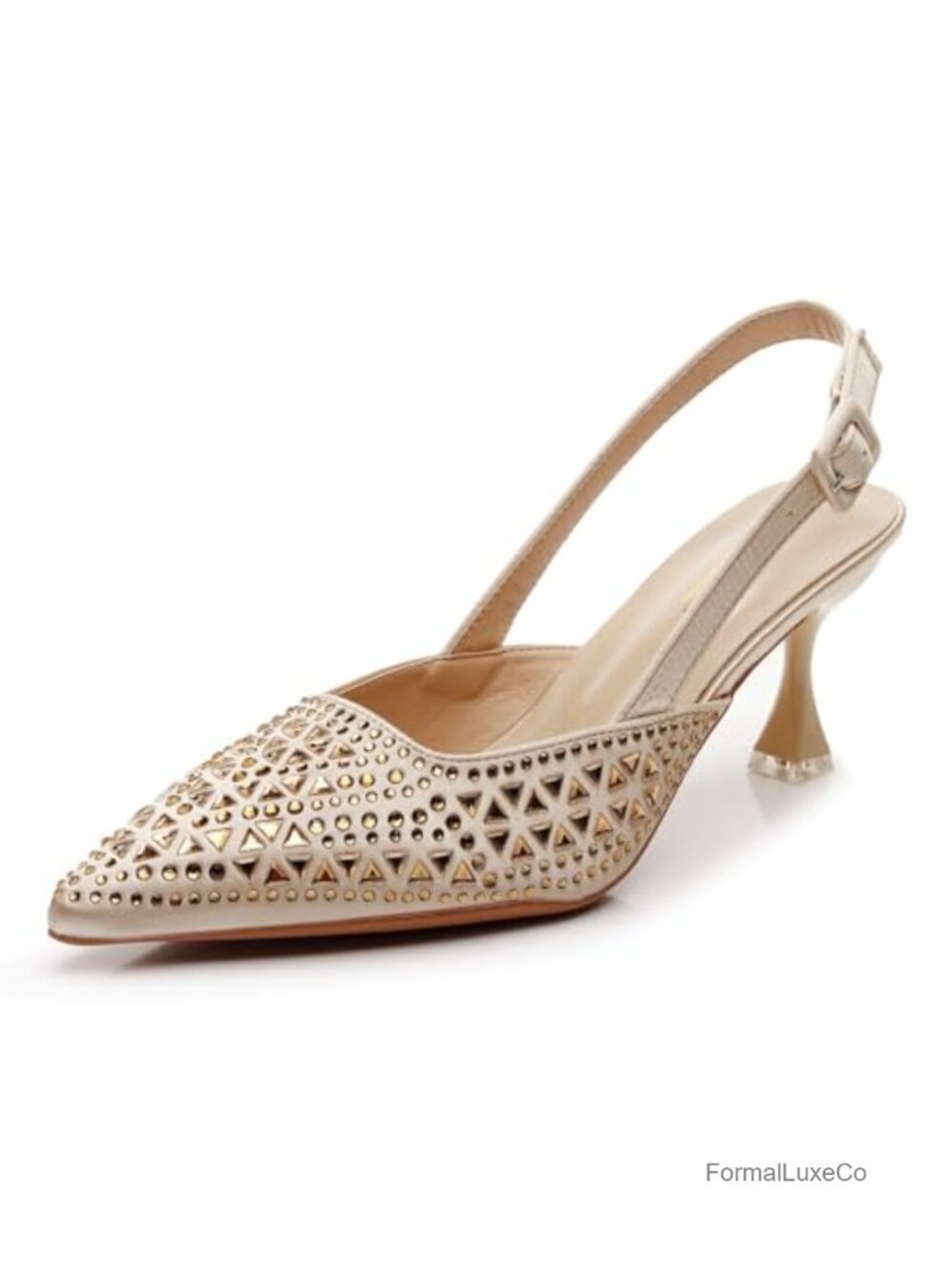 Slingback Kitten Heel Pointed Toe Pump, Metal Ornament, Latex Cushioned Insole